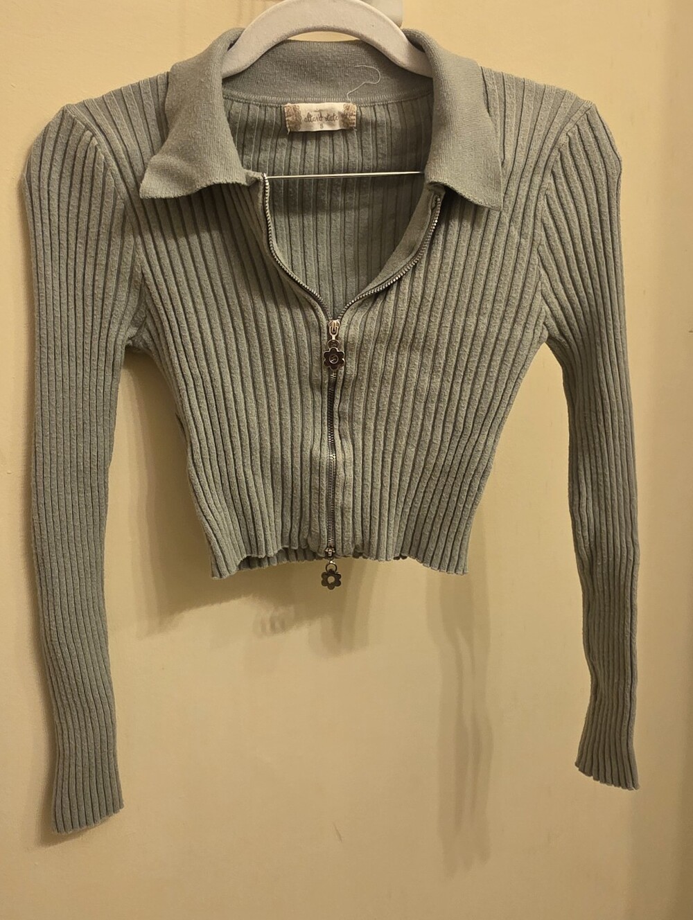 Altar'd State Sage Ribbed Zip Collared Cropped Sweater